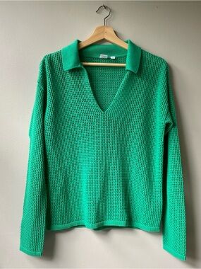 GAP Bright Green Collared V-Neck Knit Sweater